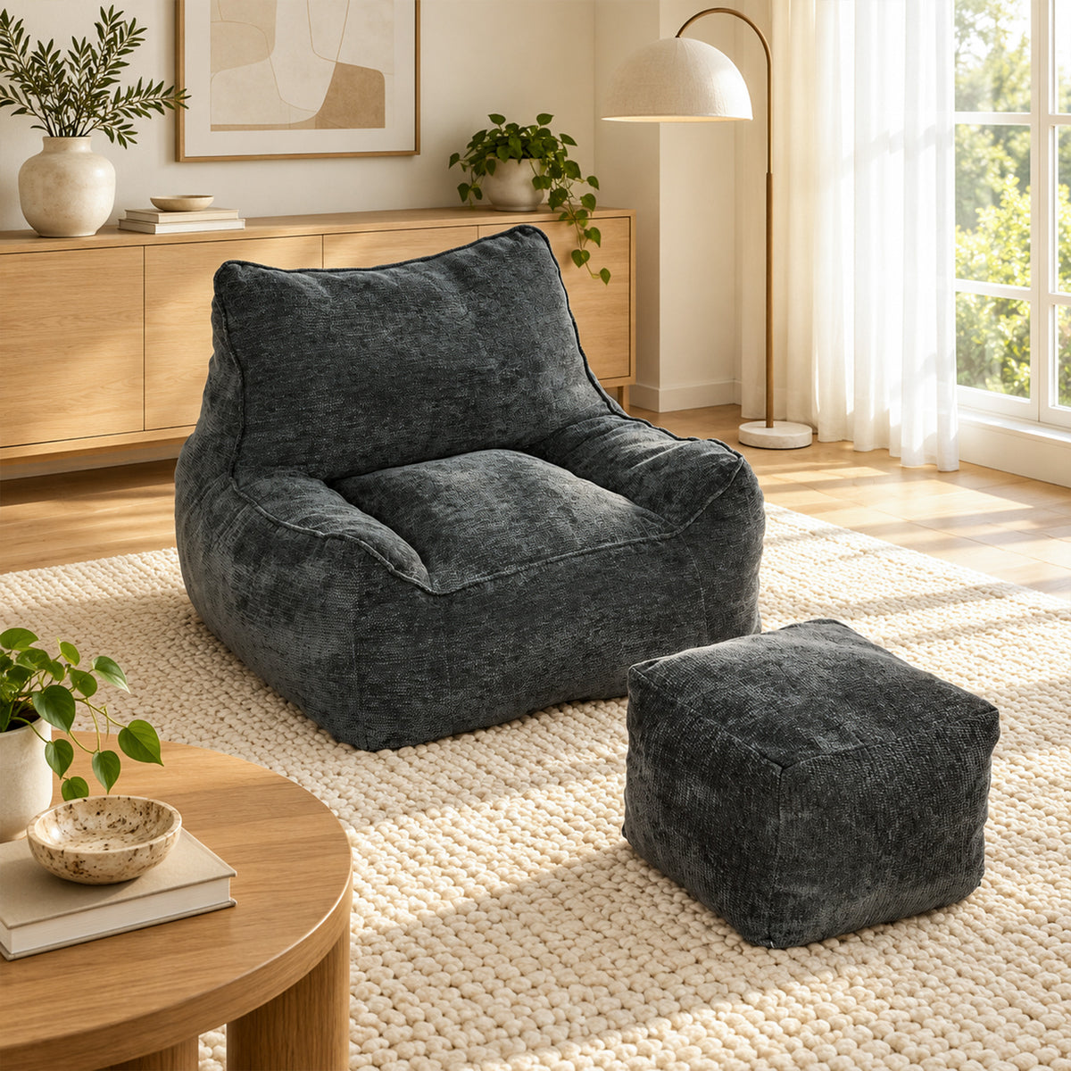 Bodensessel mit Hocker aus Chenille
