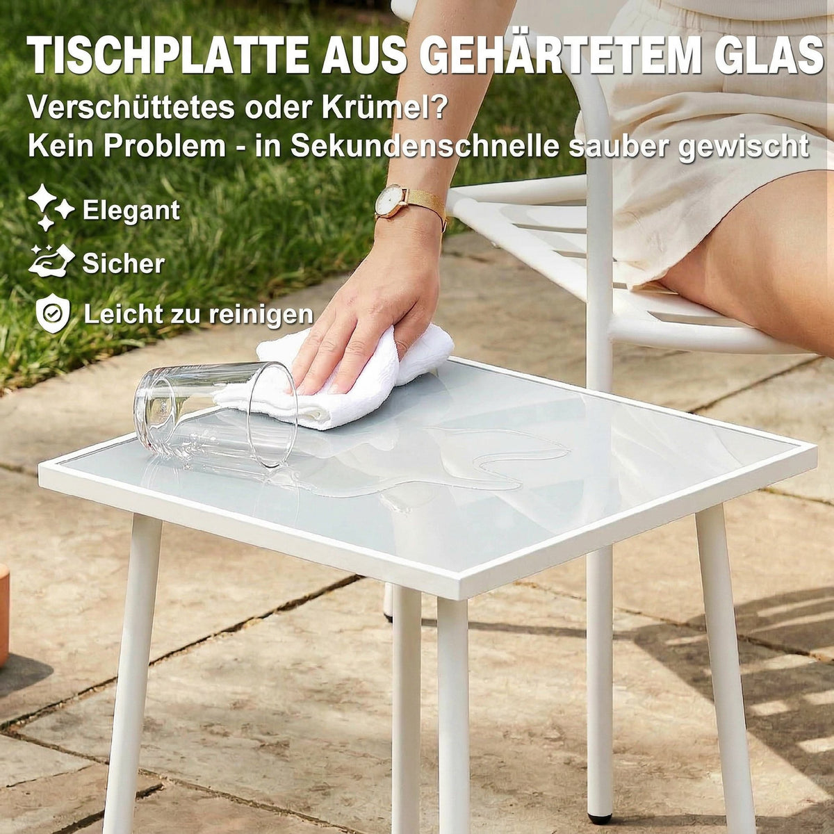 3-teiliges Bistroset aus Stahl mit Glastisch