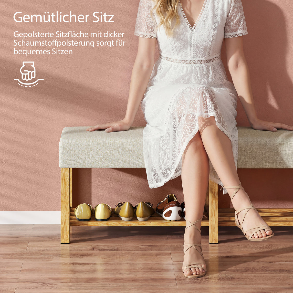 Schuhbank 140 cm aus Kautschukholz mit Sitzpolster