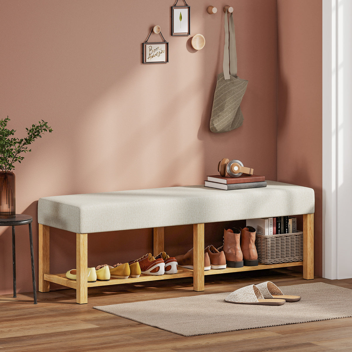 Schuhbank 140 cm aus Kautschukholz mit Sitzpolster