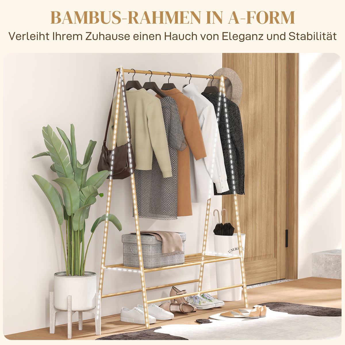 Bambus-Kleiderständer mit Schuhregal und Haken