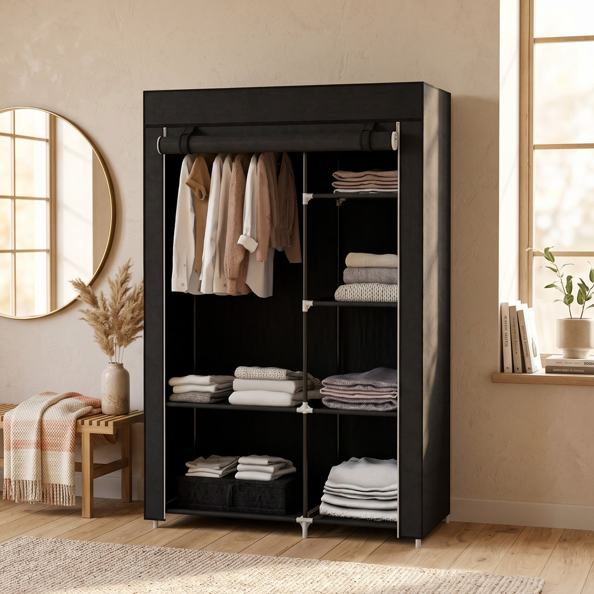Stoffkleiderschrank mit 6 Regalen und Kleiderstange
