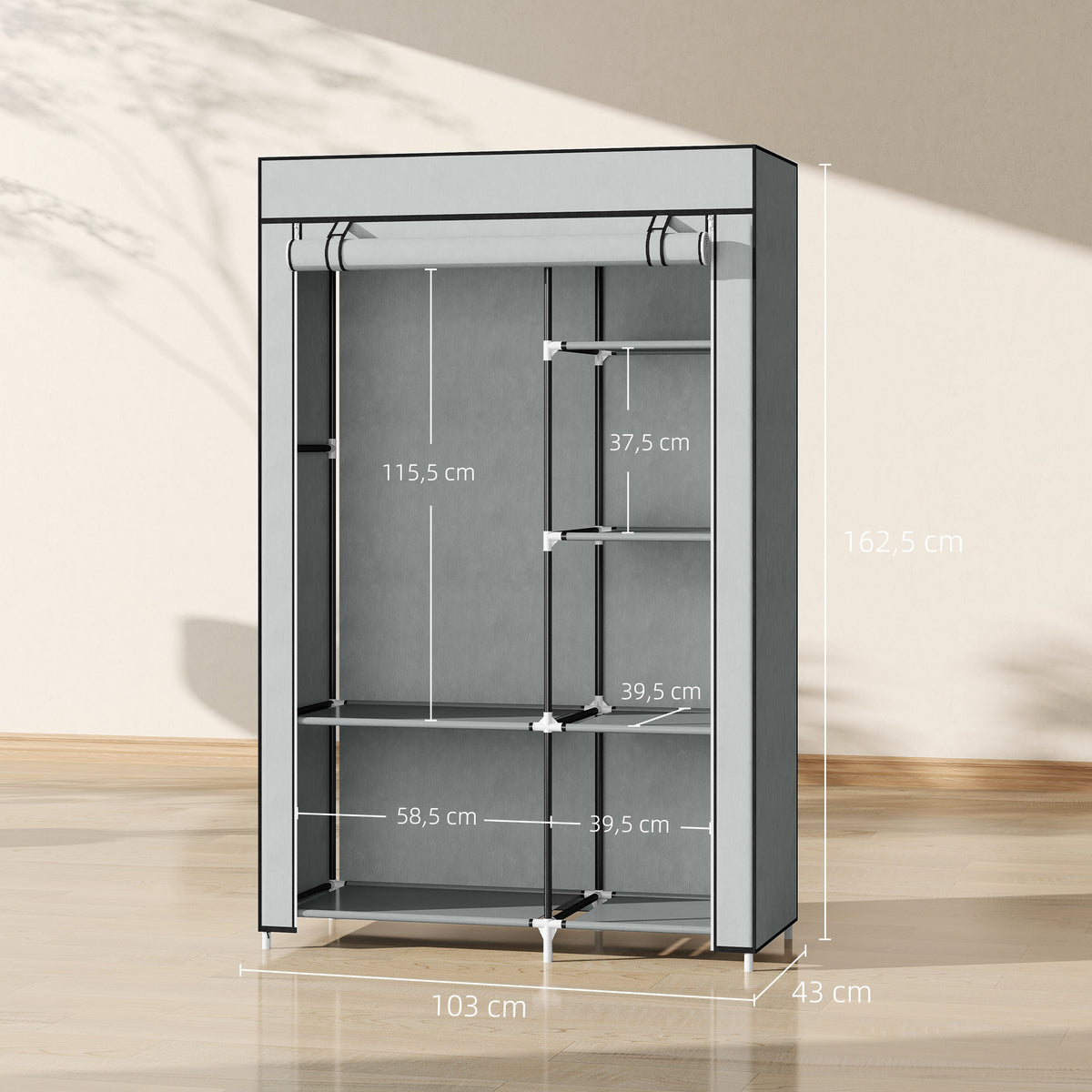 Stoffkleiderschrank mit 6 Regalen und Kleiderstange