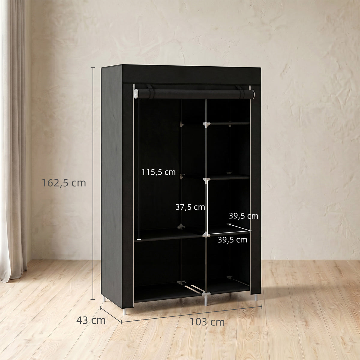 Stoffkleiderschrank mit 6 Regalen und Kleiderstange