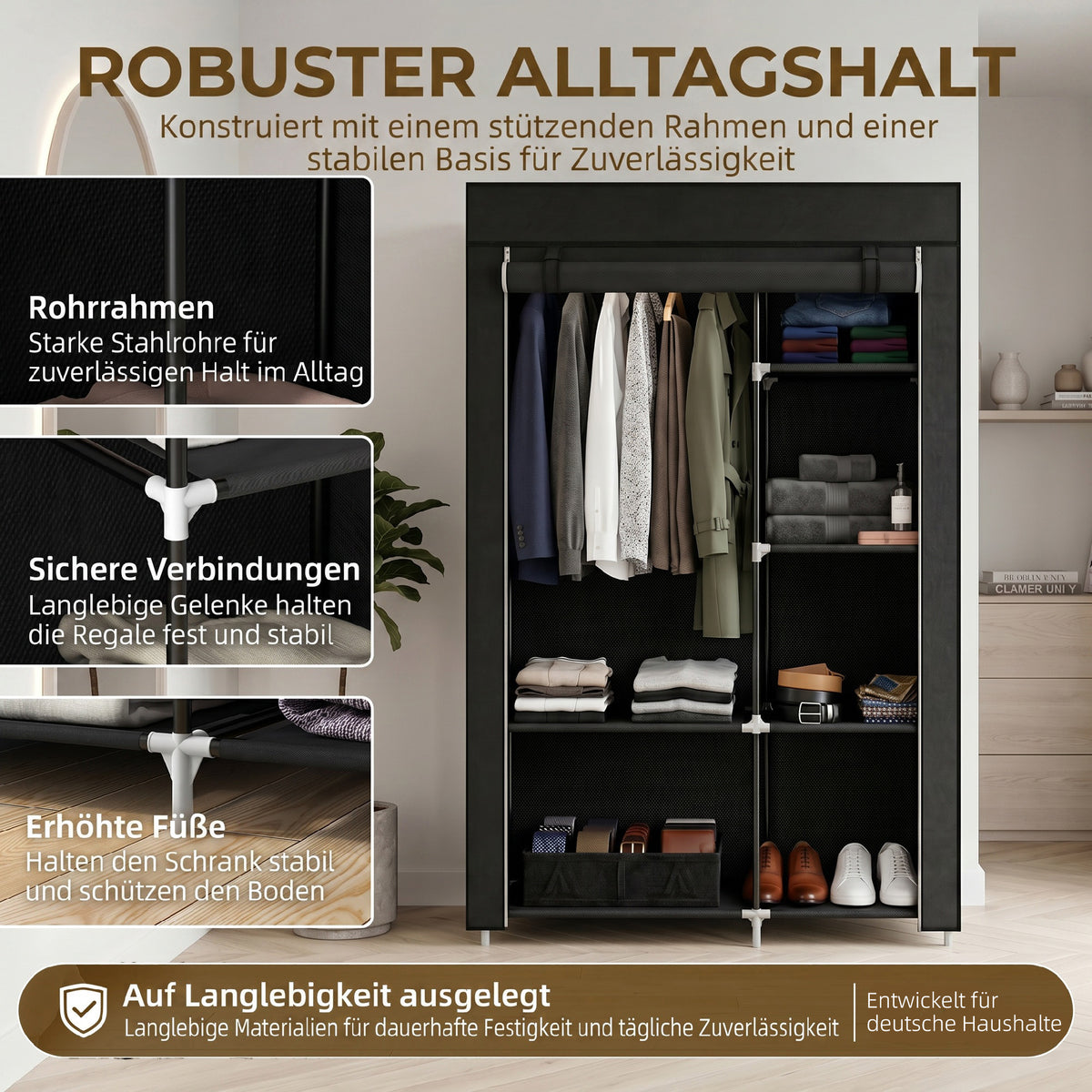 Stoffkleiderschrank mit 6 Regalen und Kleiderstange