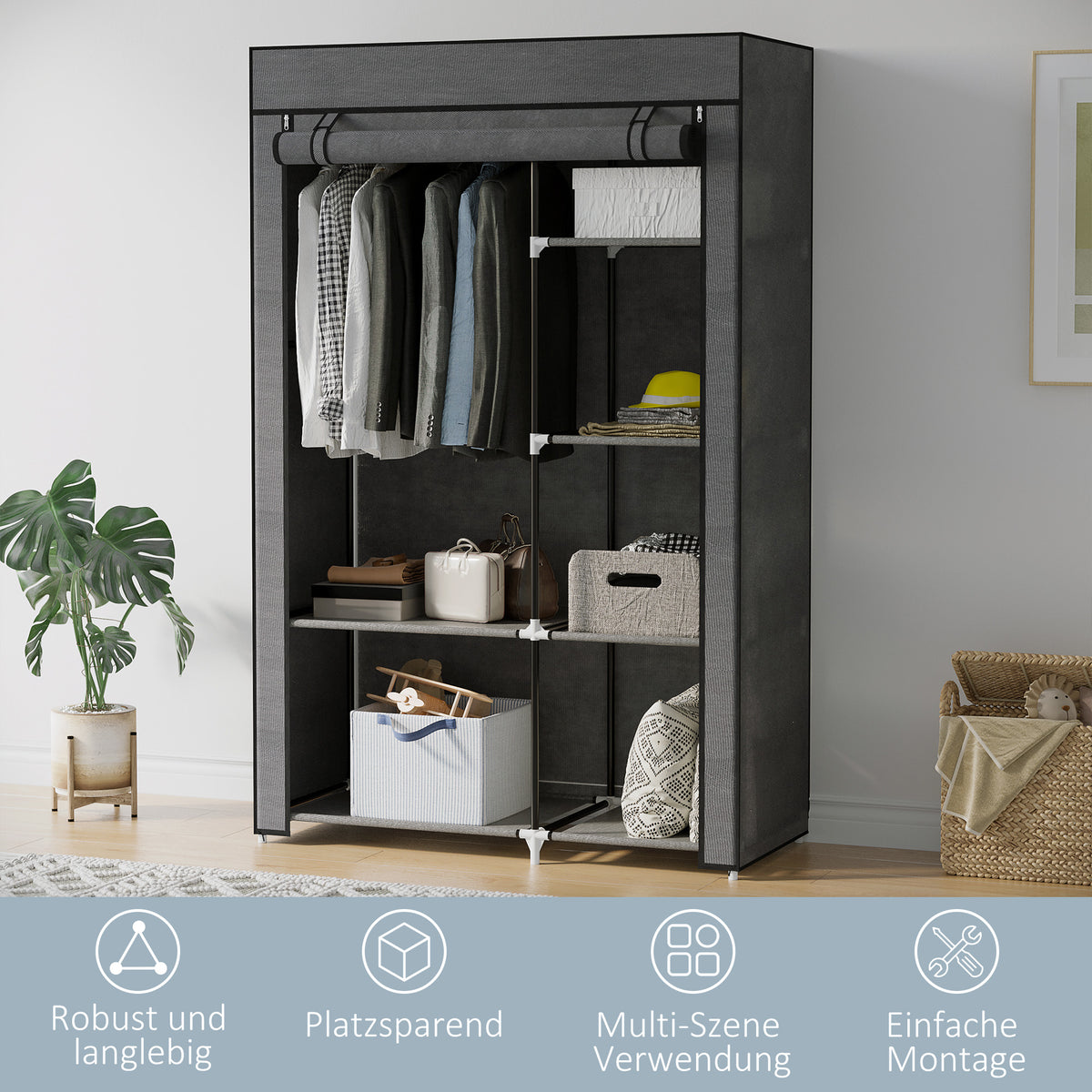 Stoffkleiderschrank mit 6 Regalen und Kleiderstange