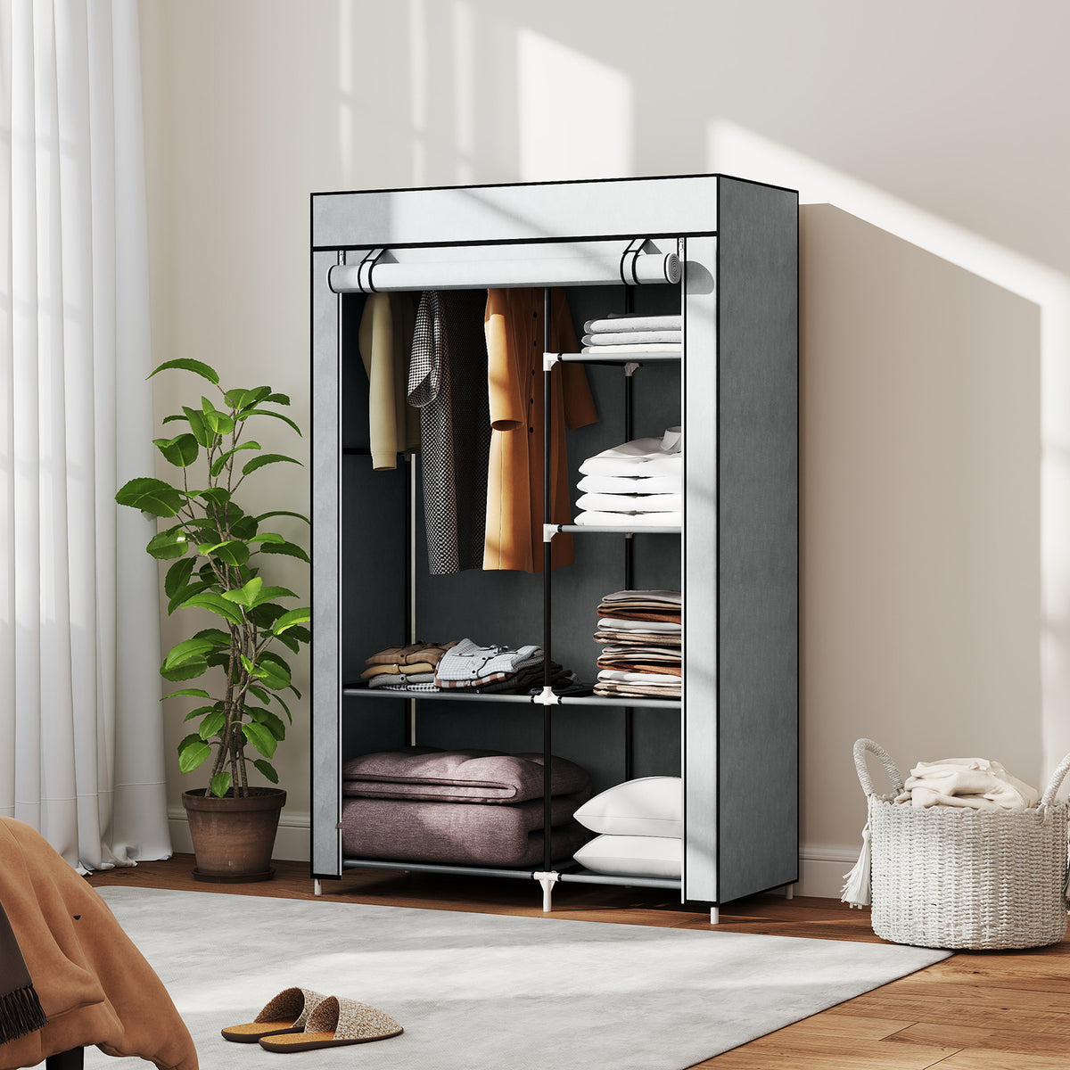 Stoffkleiderschrank mit 6 Regalen und Kleiderstange