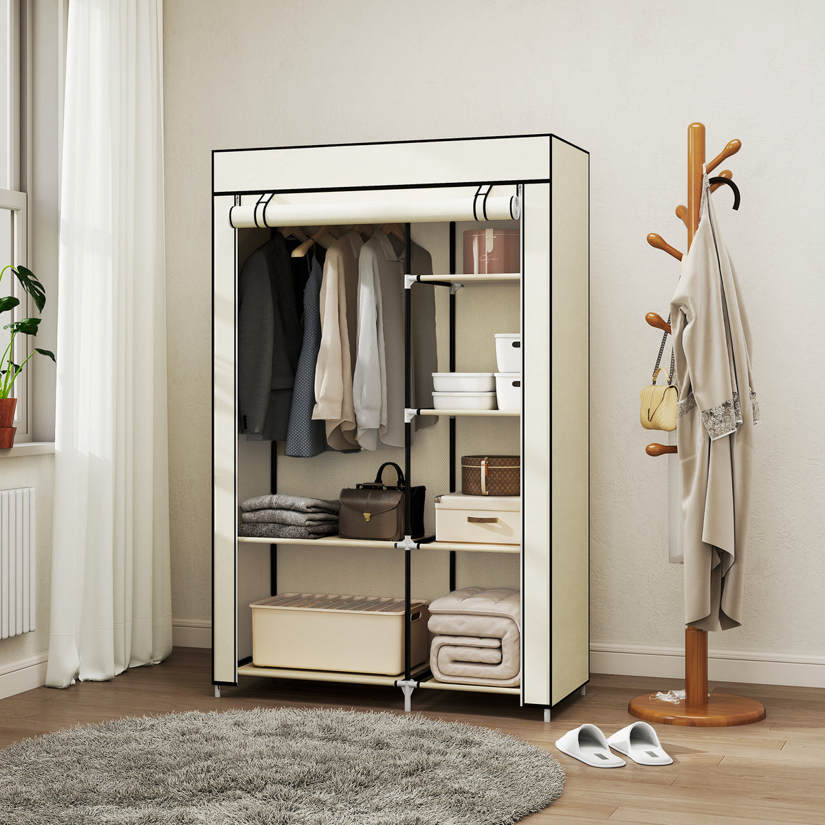 Stoffkleiderschrank mit 6 Regalen und Kleiderstange