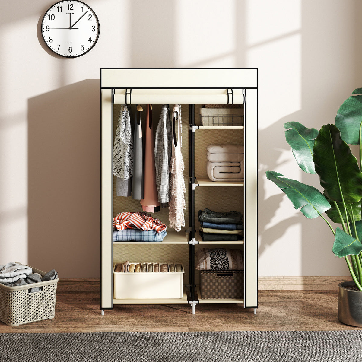 Stoffkleiderschrank mit 6 Regalen und Kleiderstange