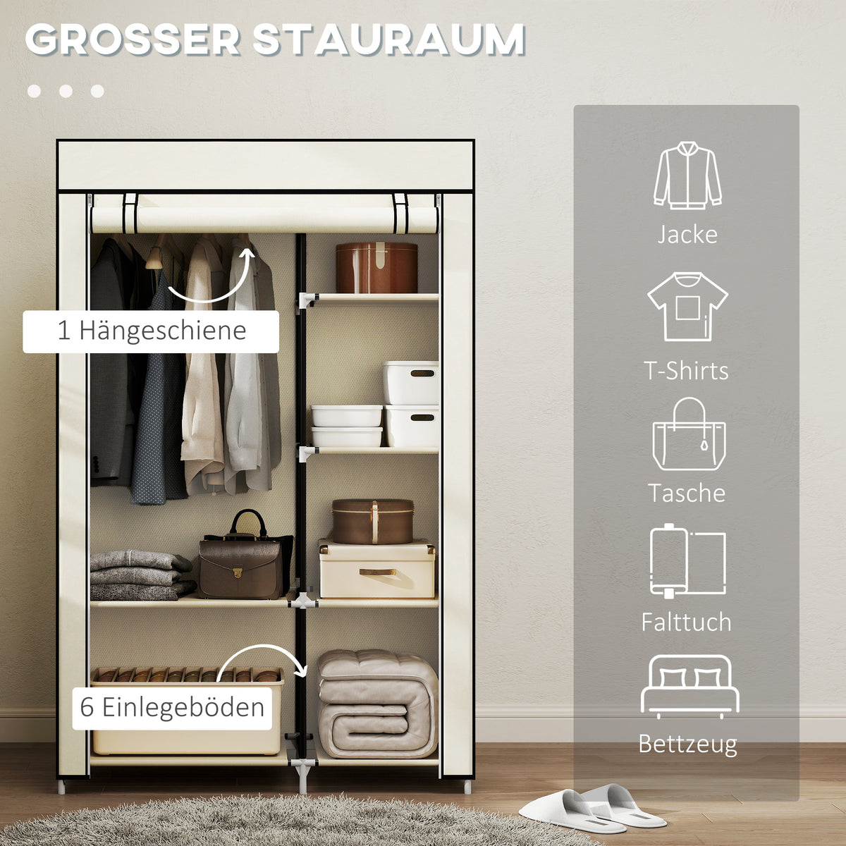 Stoffkleiderschrank mit 6 Regalen und Kleiderstange