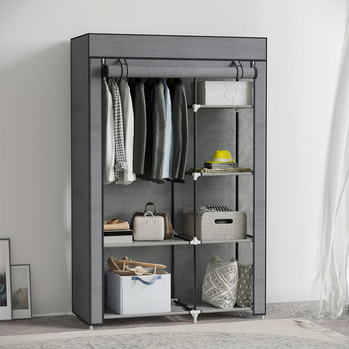 Stoffkleiderschrank mit 6 Regalen und Kleiderstange
