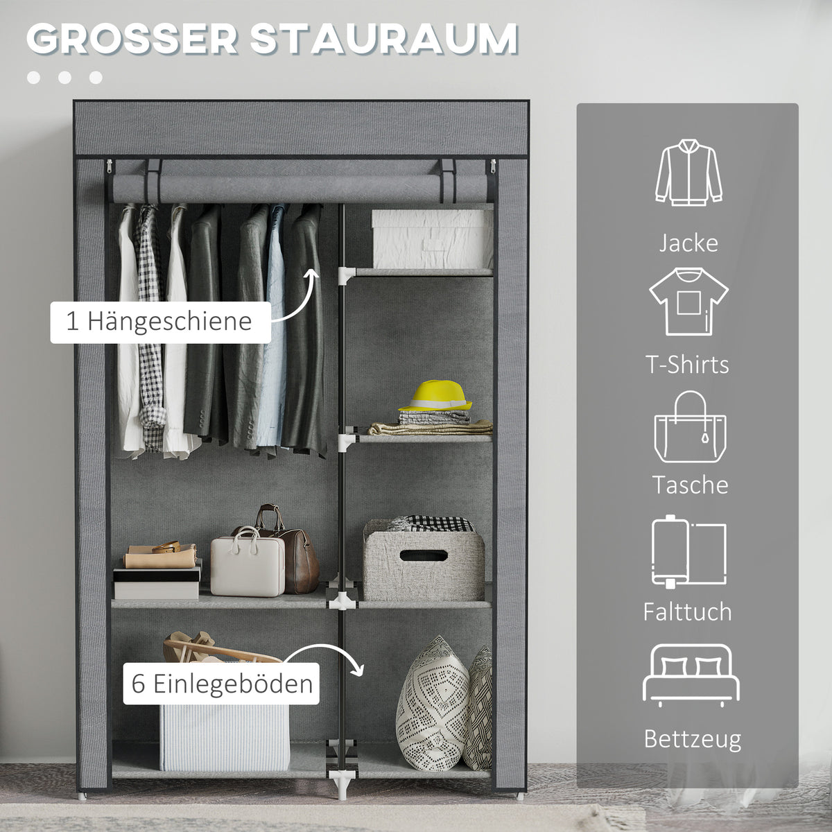 Stoffkleiderschrank mit 6 Regalen und Kleiderstange