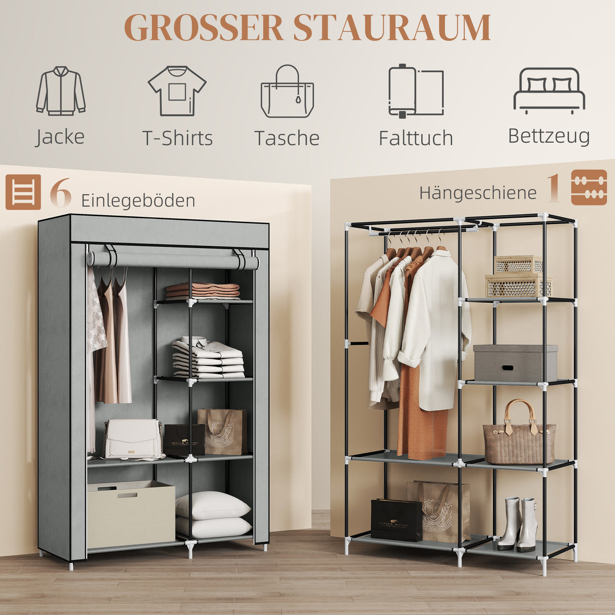 Stoffkleiderschrank mit 6 Regalen und Kleiderstange