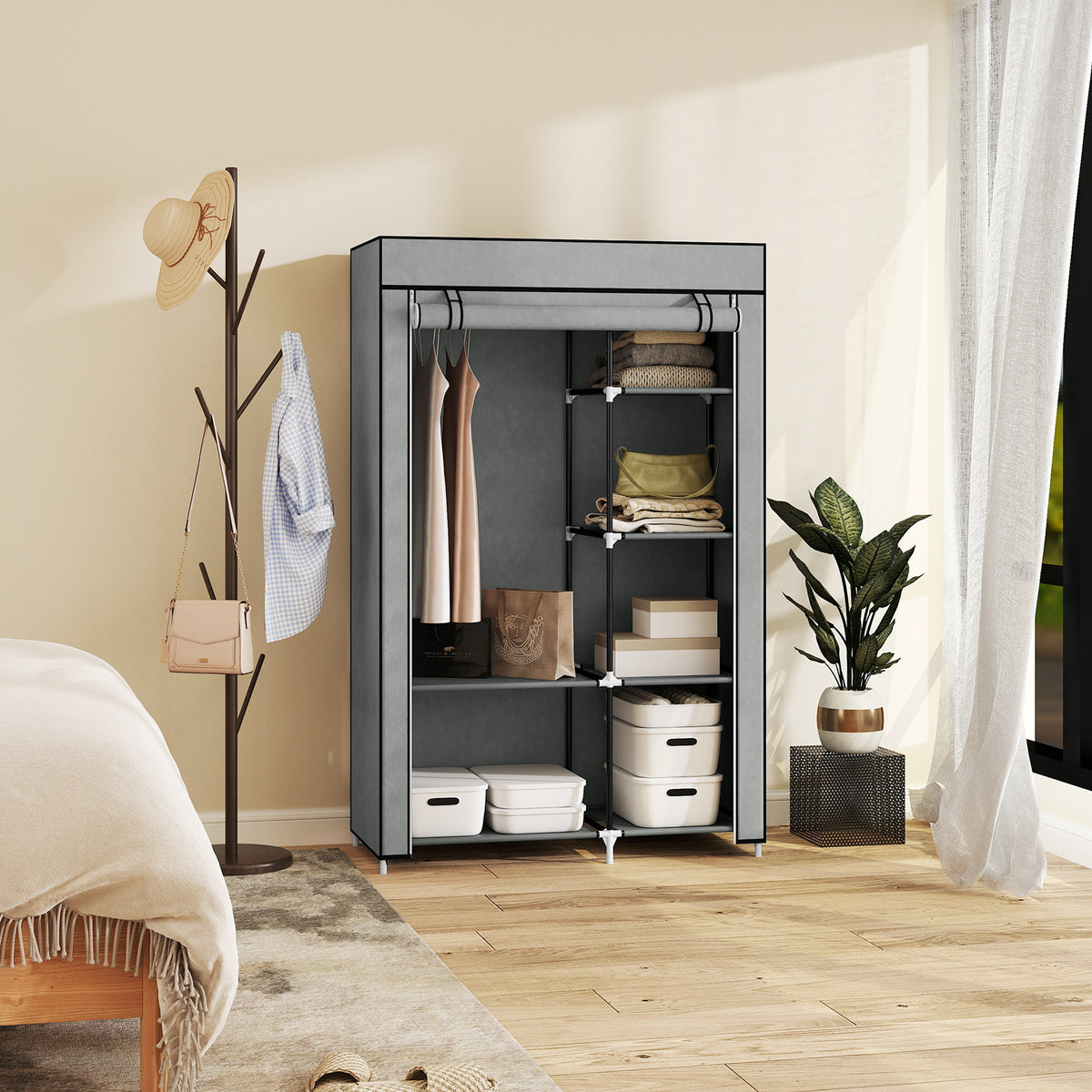 Stoffkleiderschrank mit 6 Regalen und Kleiderstange