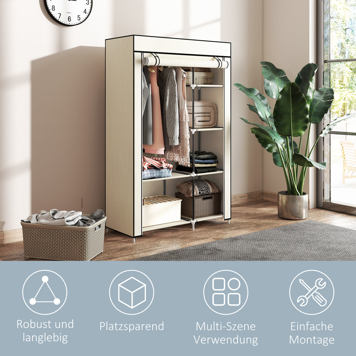 Stoffkleiderschrank mit 6 Regalen und Kleiderstange