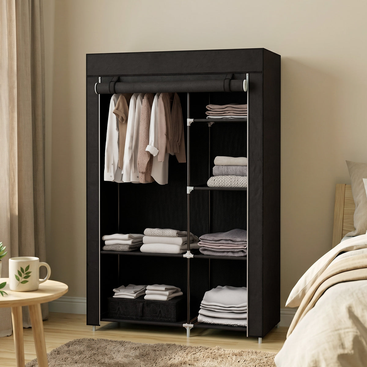 Stoffkleiderschrank mit 6 Regalen und Kleiderstange