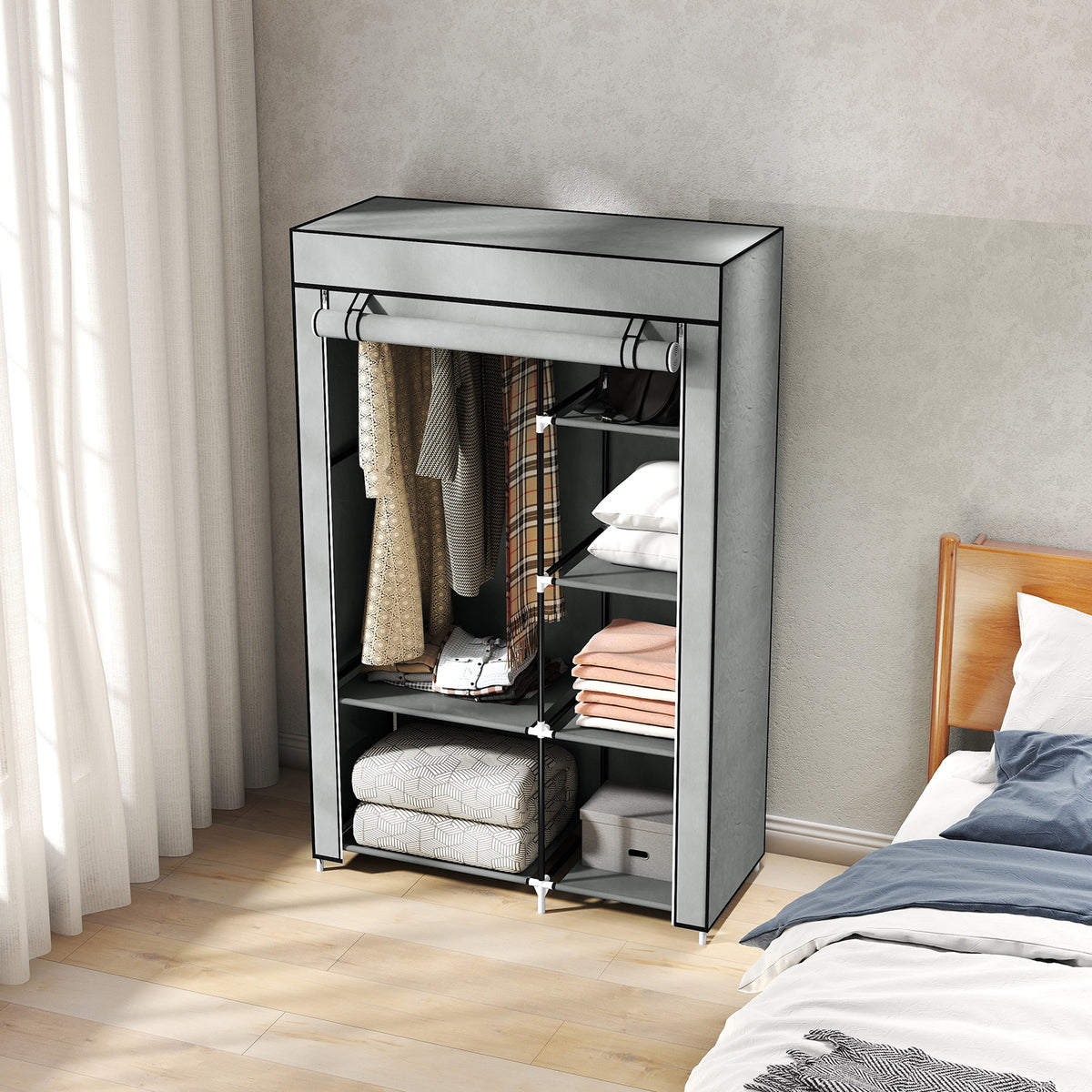Stoffkleiderschrank mit 6 Regalen und Kleiderstange