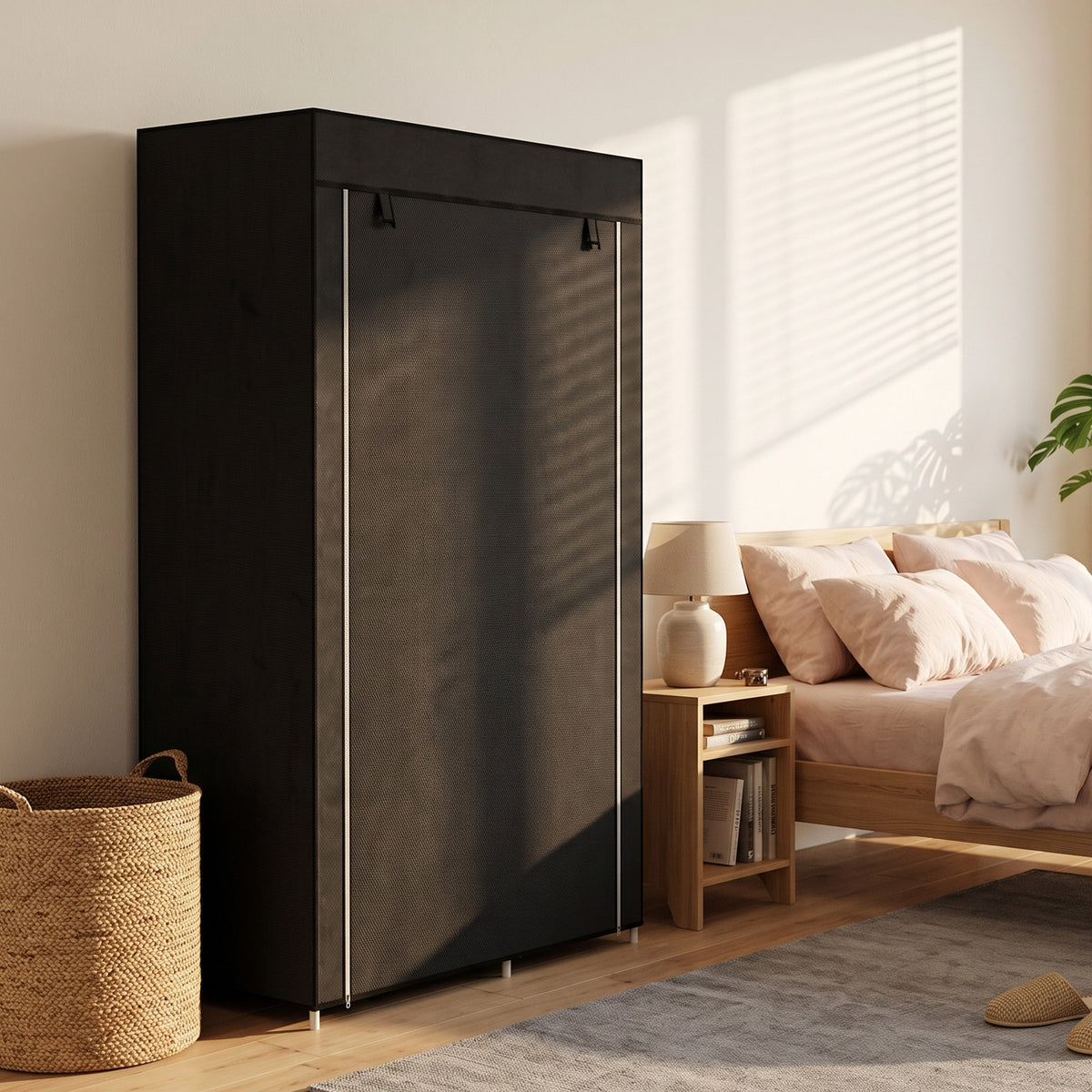 Stoffkleiderschrank mit 6 Regalen und Kleiderstange