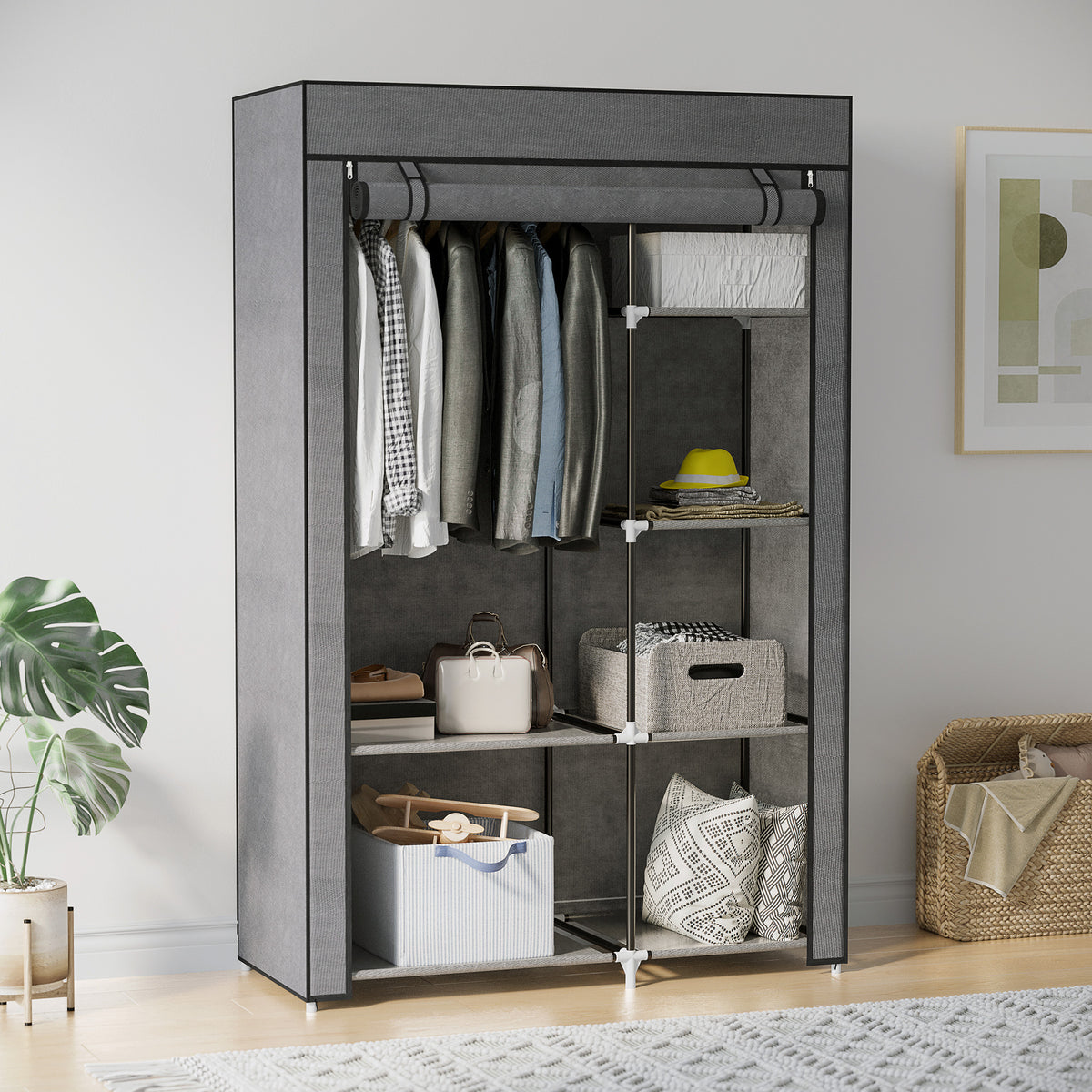 Stoffkleiderschrank mit 6 Regalen und Kleiderstange