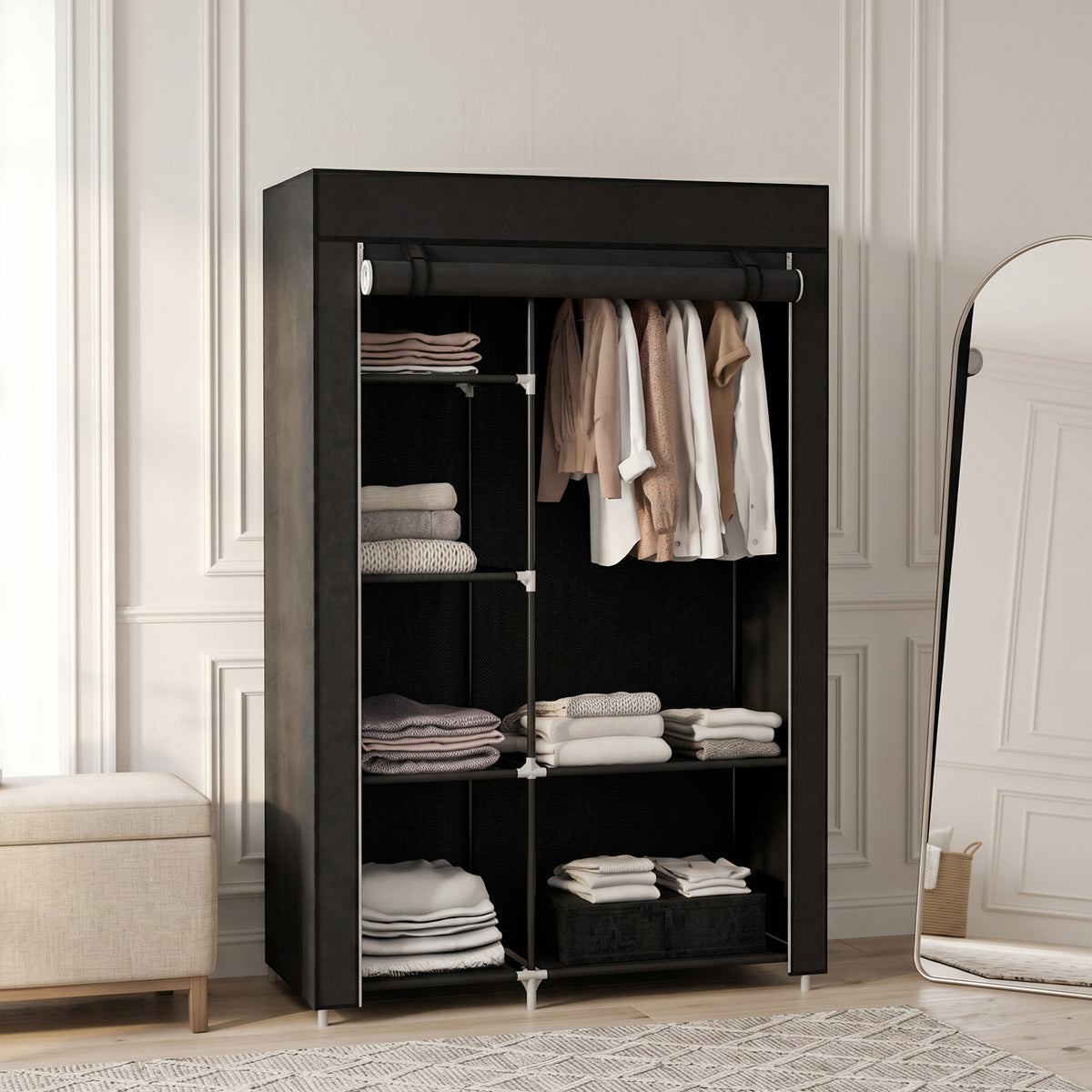 Stoffkleiderschrank mit 6 Regalen und Kleiderstange