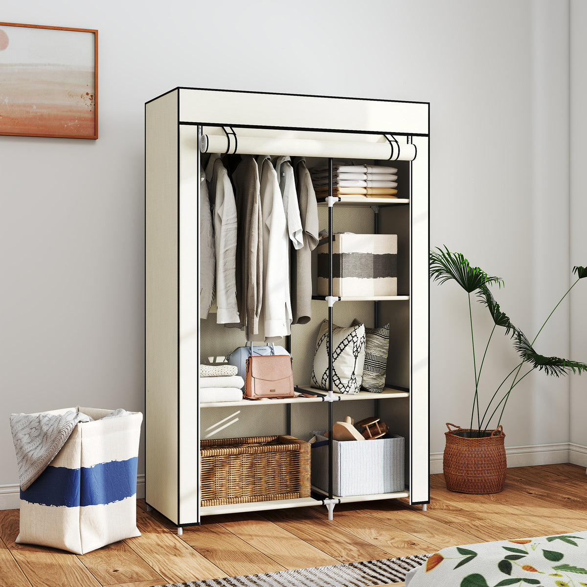 Stoffkleiderschrank mit 6 Regalen und Kleiderstange