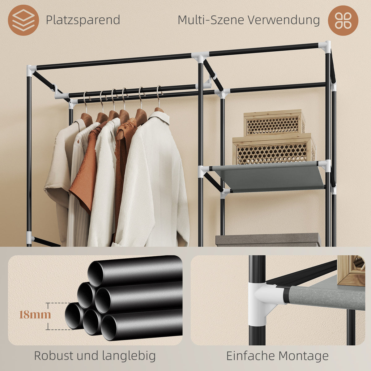 Stoffkleiderschrank mit 6 Regalen und Kleiderstange