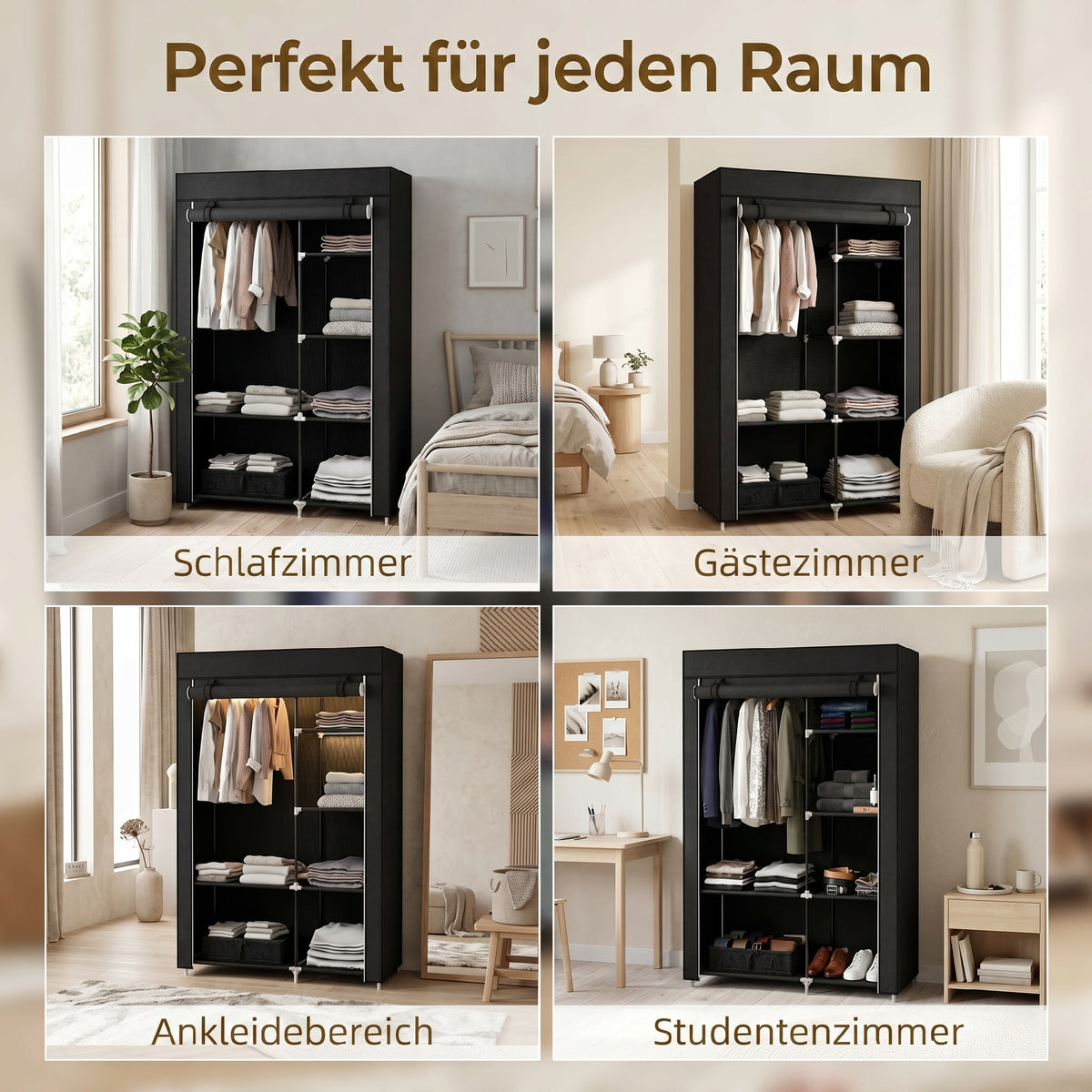 Stoffkleiderschrank mit 6 Regalen und Kleiderstange