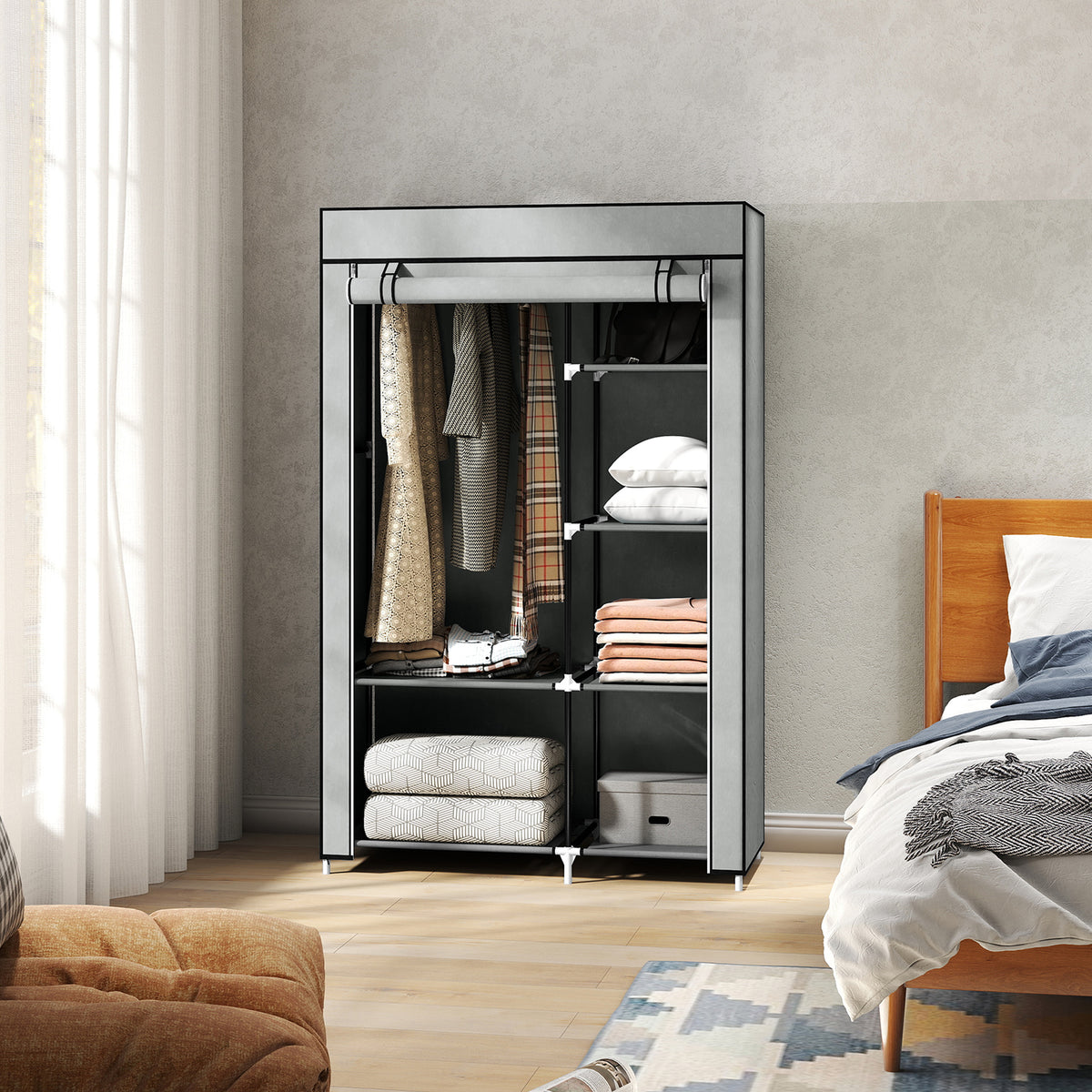 Stoffkleiderschrank mit 6 Regalen und Kleiderstange