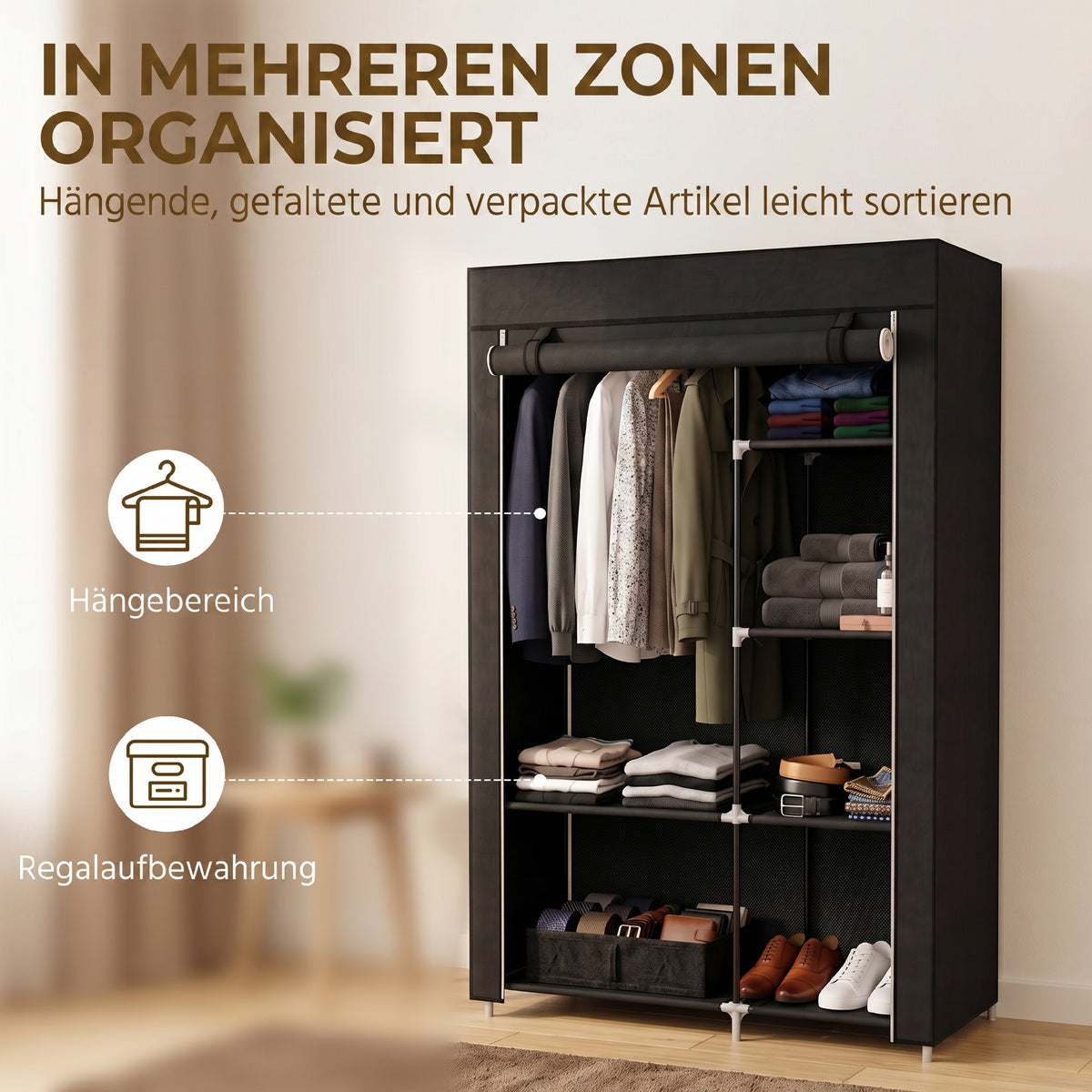 Stoffkleiderschrank mit 6 Regalen und Kleiderstange