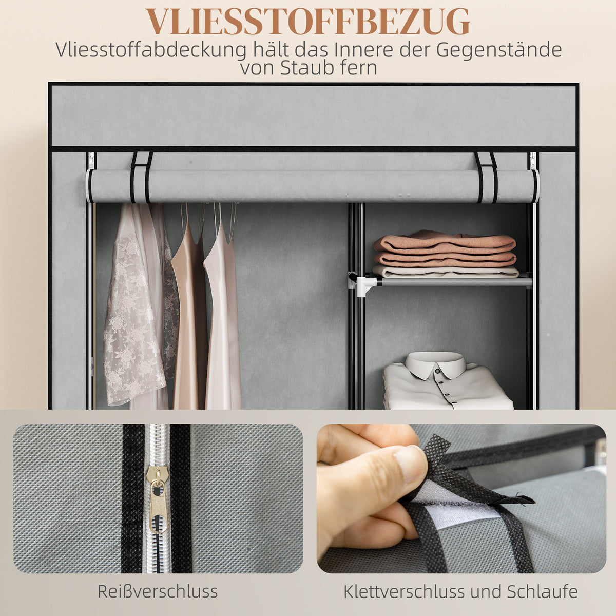 Stoffkleiderschrank mit 6 Regalen und Kleiderstange