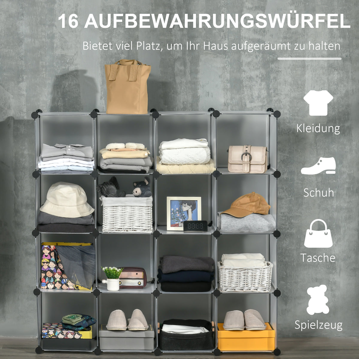 Modulares Würfelregal mit 16 Boxen, Weiß