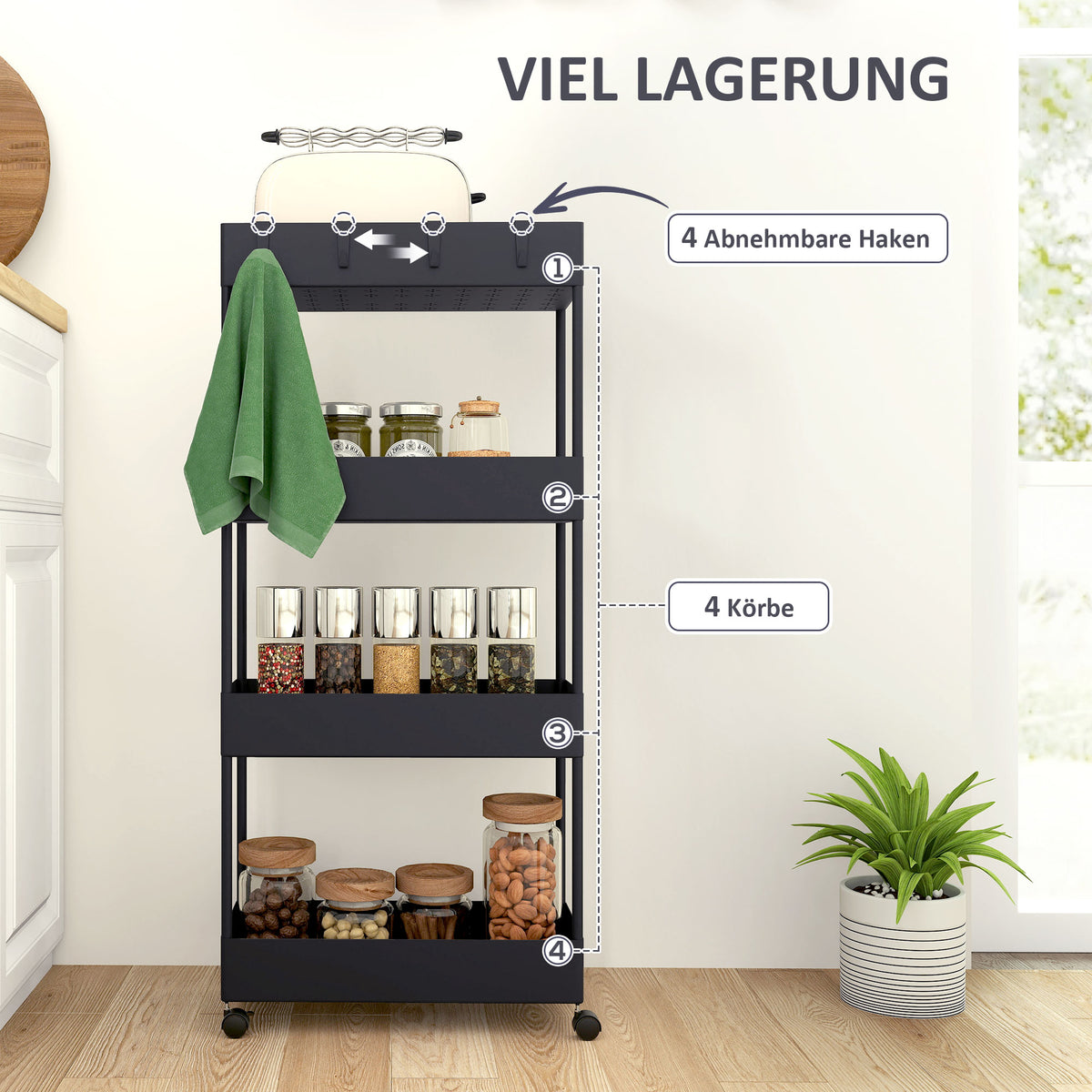 Küchenwagen mit vier Etagen und Haken