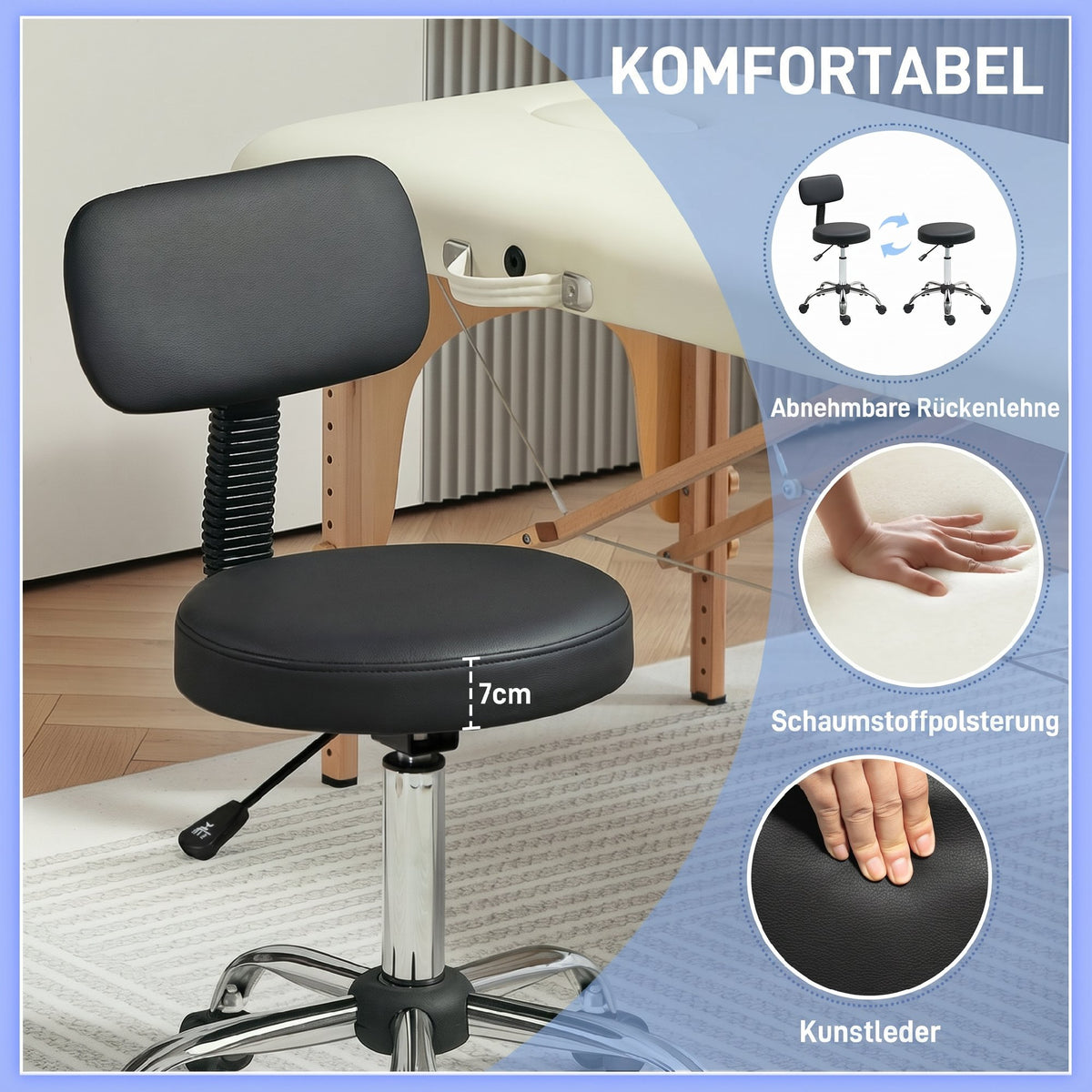 Drehhocker mit Rollen, Rückenlehne und Höhenverstellung