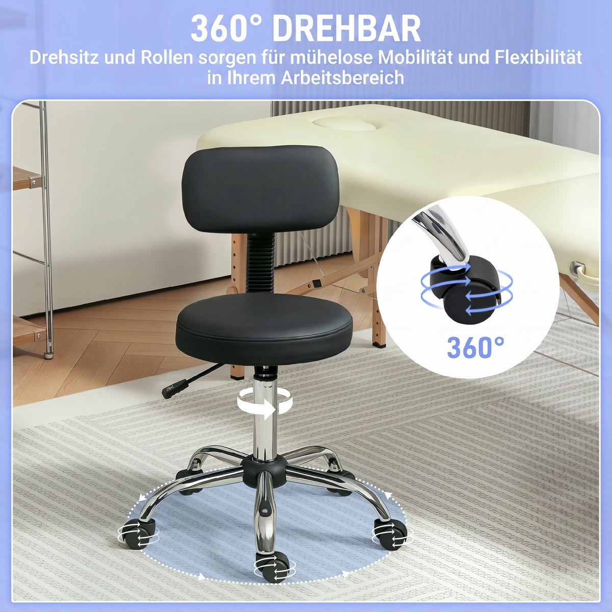 Drehhocker mit Rollen, Rückenlehne und Höhenverstellung