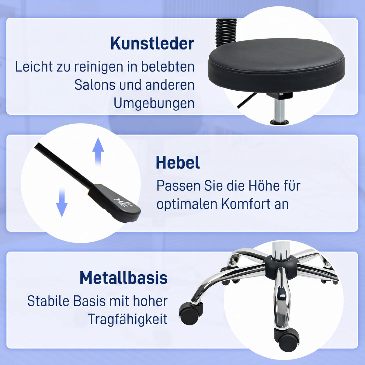 Drehhocker mit Rollen, Rückenlehne und Höhenverstellung