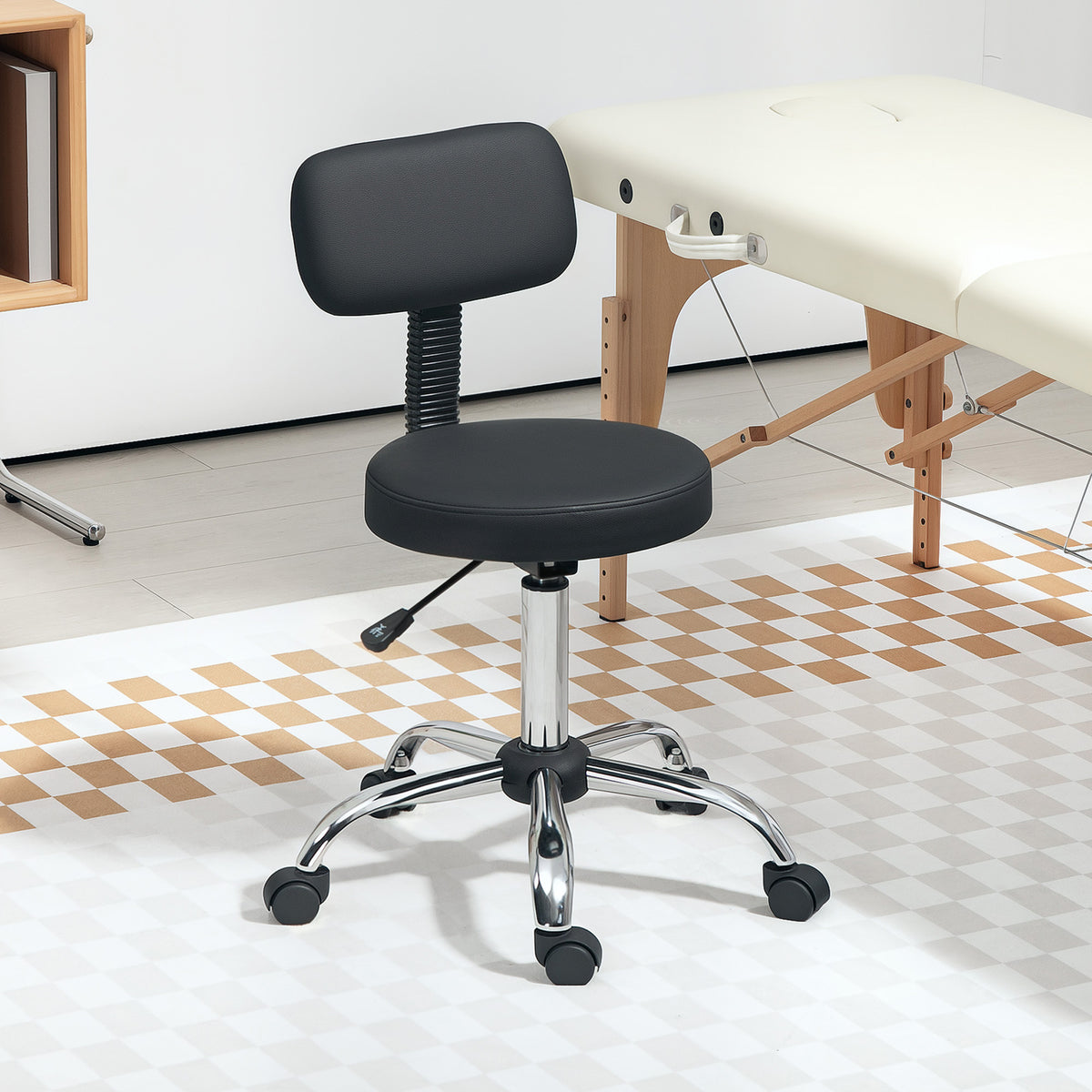 Drehhocker mit Rollen, Rückenlehne und Höhenverstellung