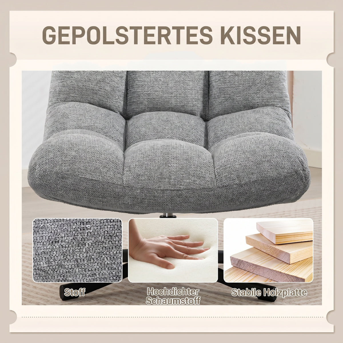 Armloser Drehsessel mit Chenillebezug und Stahlgestell