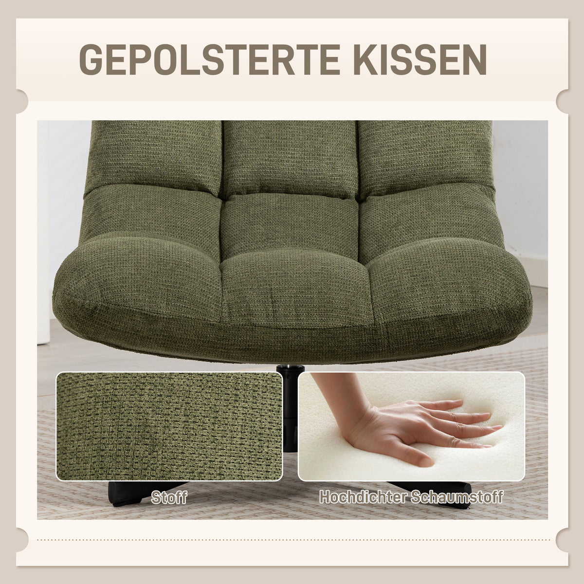 Armloser Drehsessel mit Chenillebezug und Stahlgestell