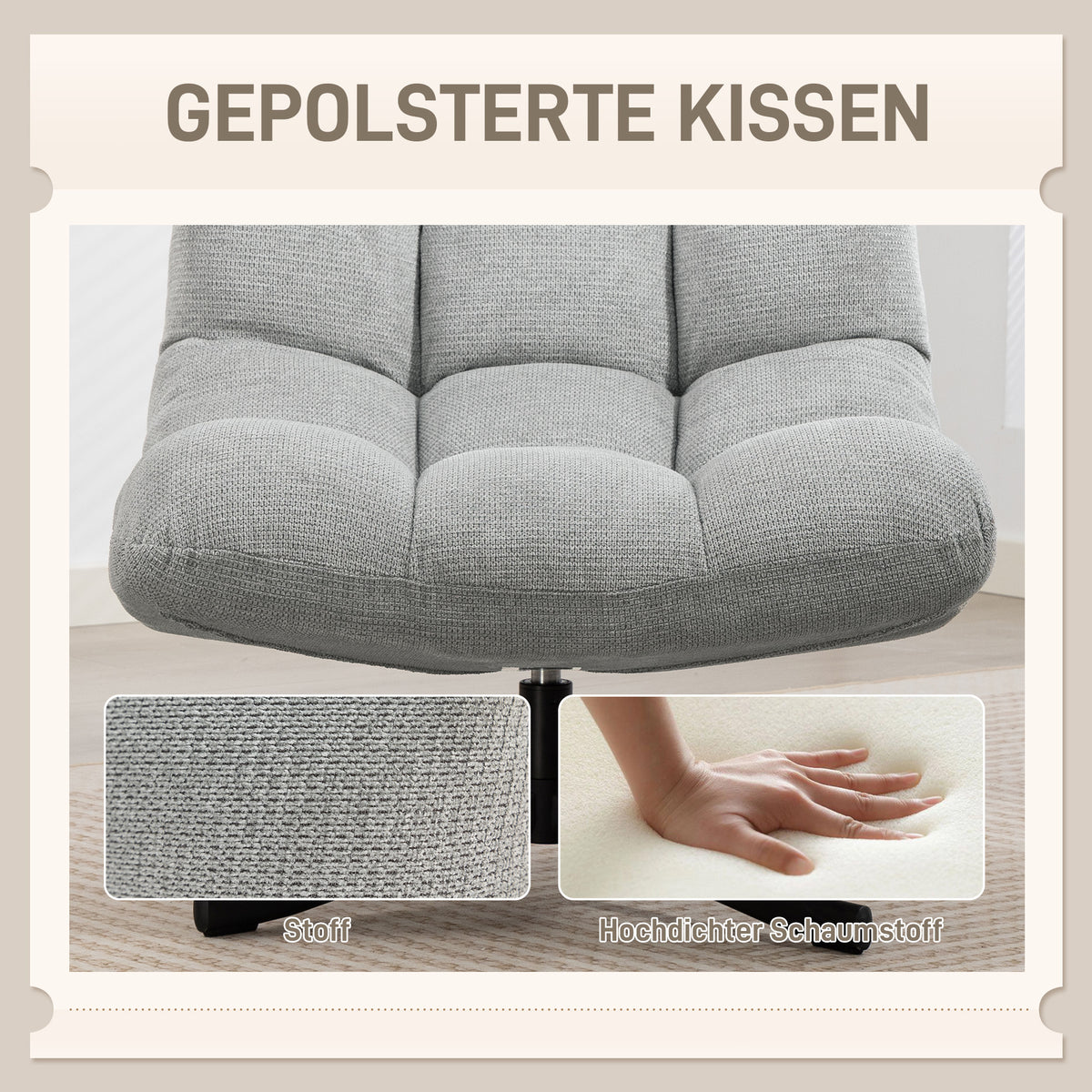 Armloser Drehsessel mit Chenillebezug und Stahlgestell