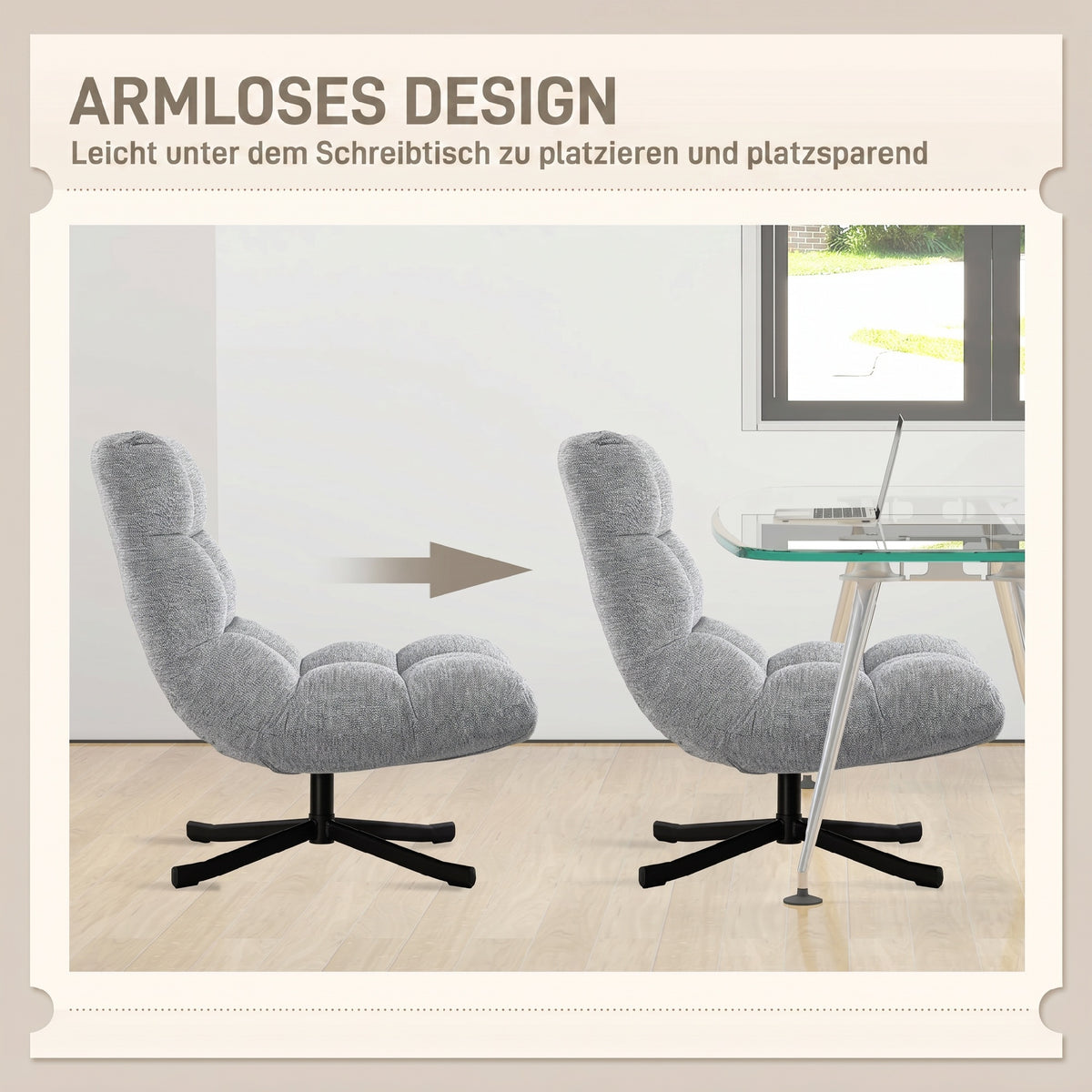 Armloser Drehsessel mit Chenillebezug und Stahlgestell