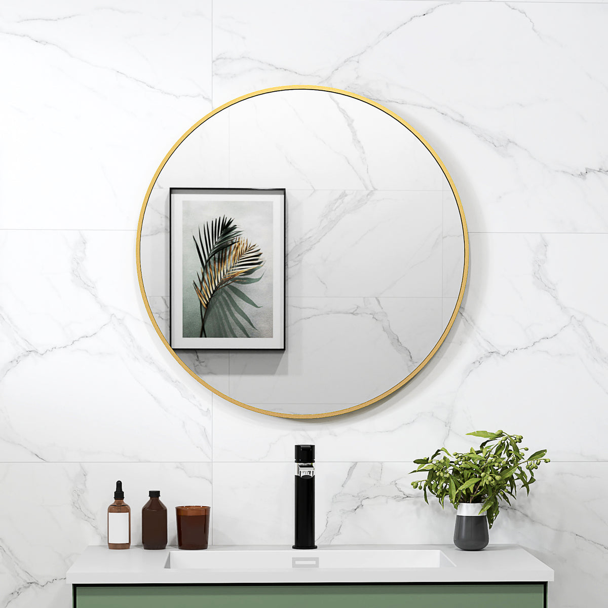 Runder Badezimmerspiegel mit goldenem Metallrahmen, Ø 70 cm