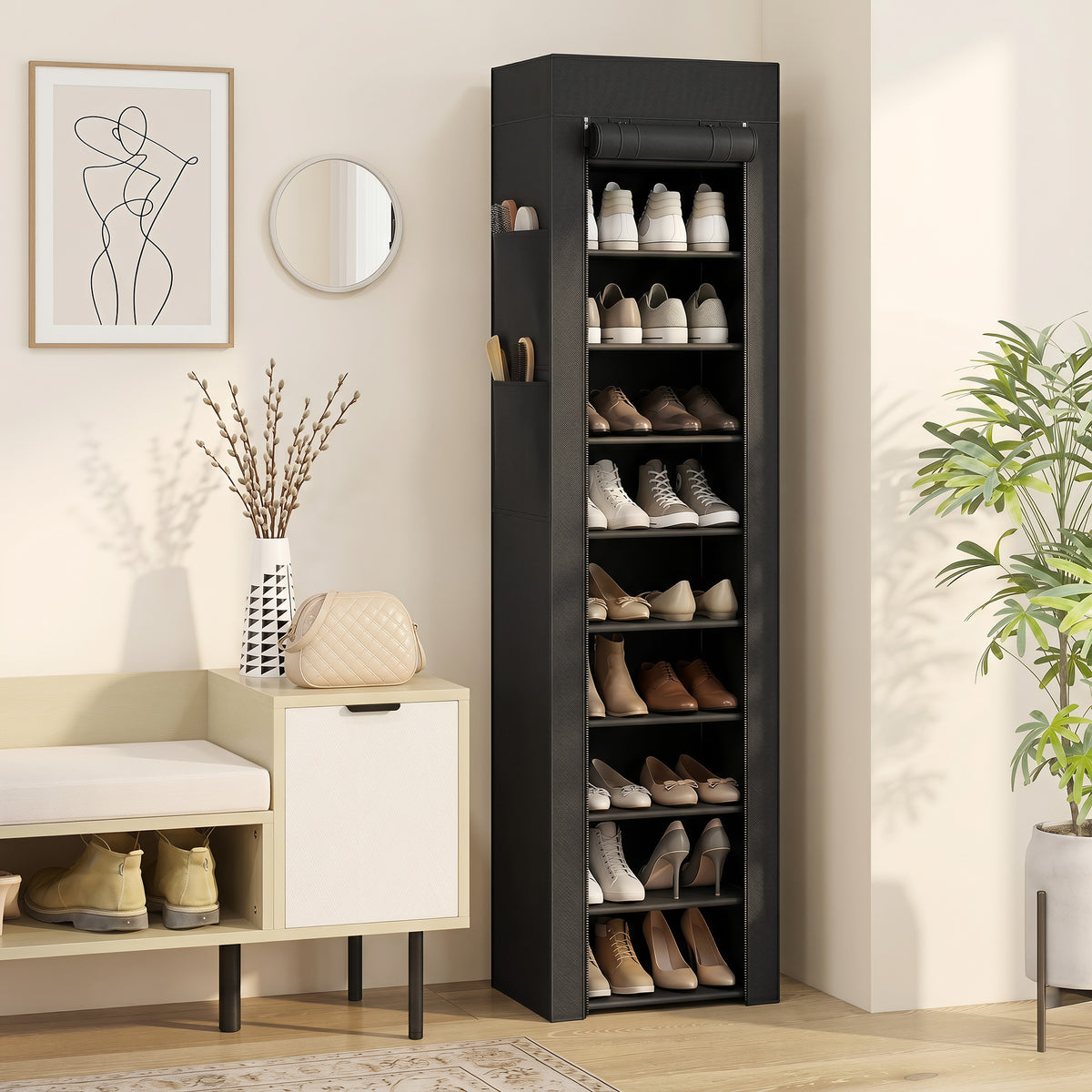 Schuhregal aus Metall mit Stoffabdeckung