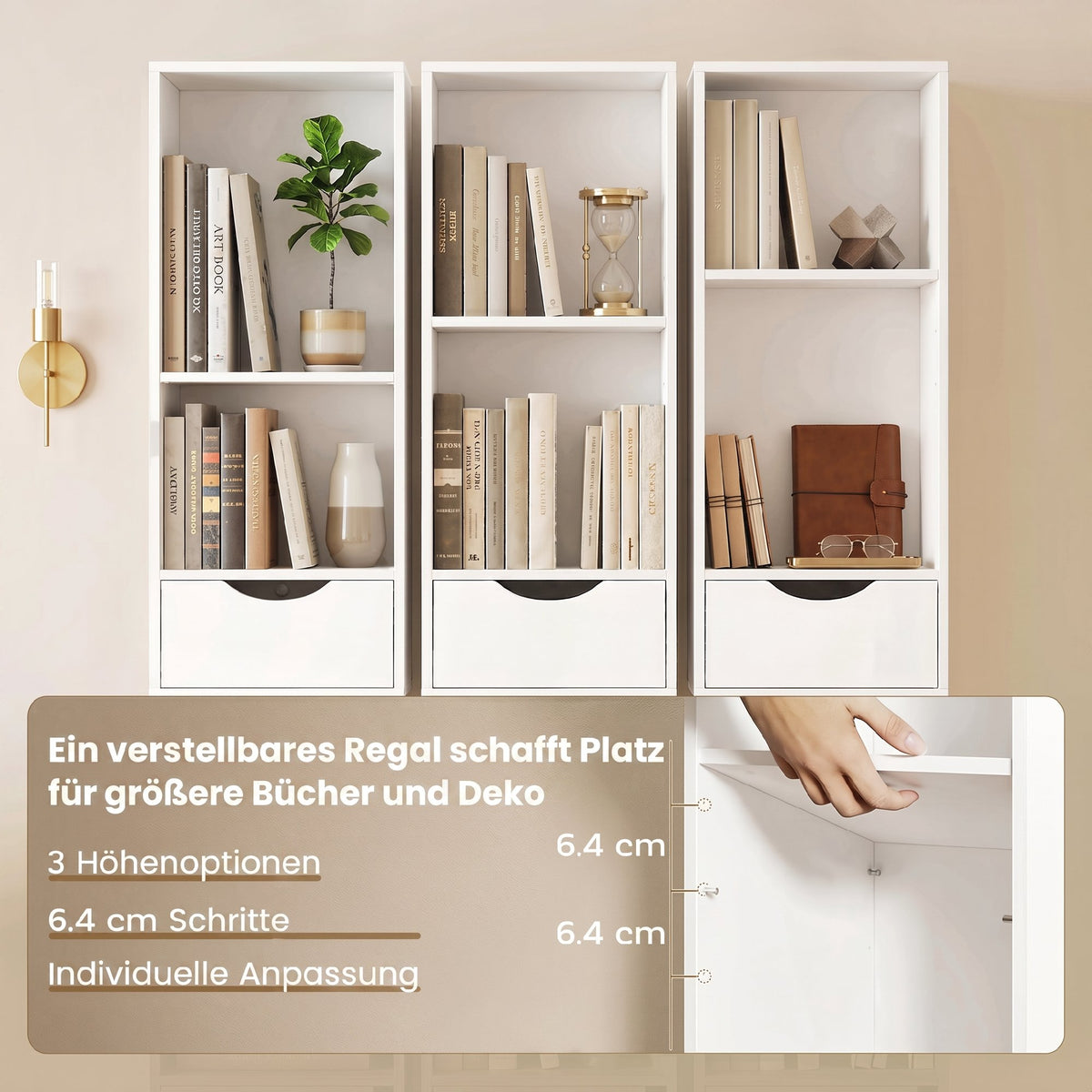 Schmales Bücherregal mit Schubladen und Schrankfach