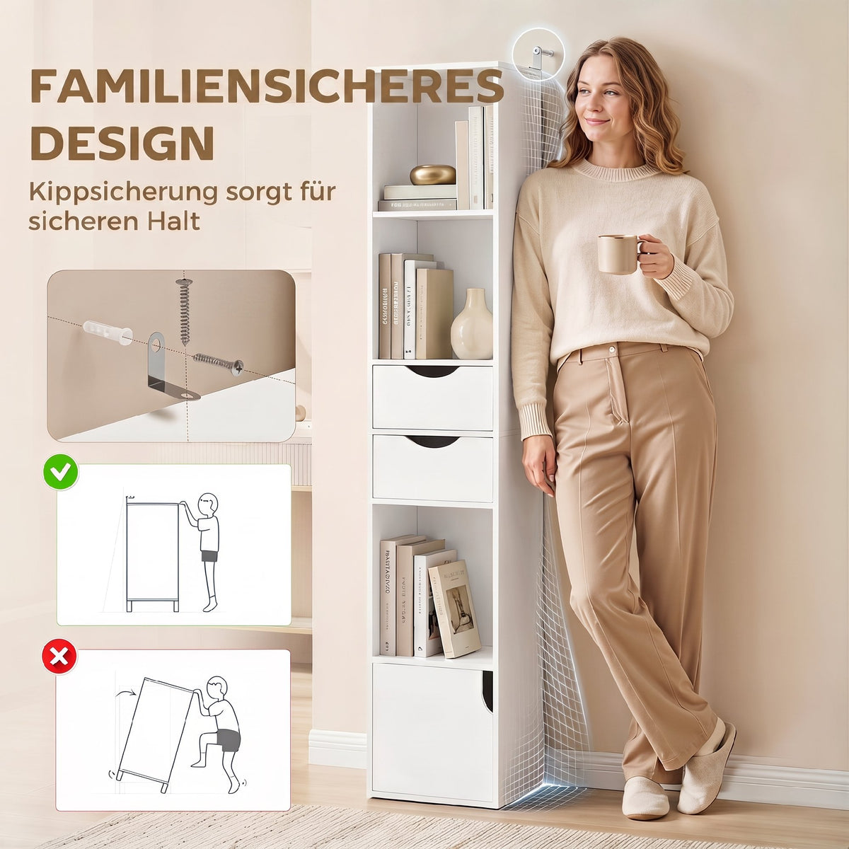 Schmales Bücherregal mit Schubladen und Schrankfach