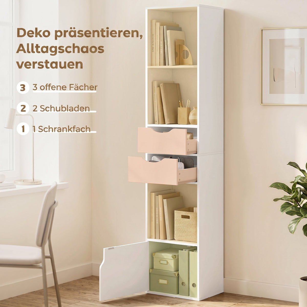 Schmales Bücherregal mit Schubladen und Schrankfach
