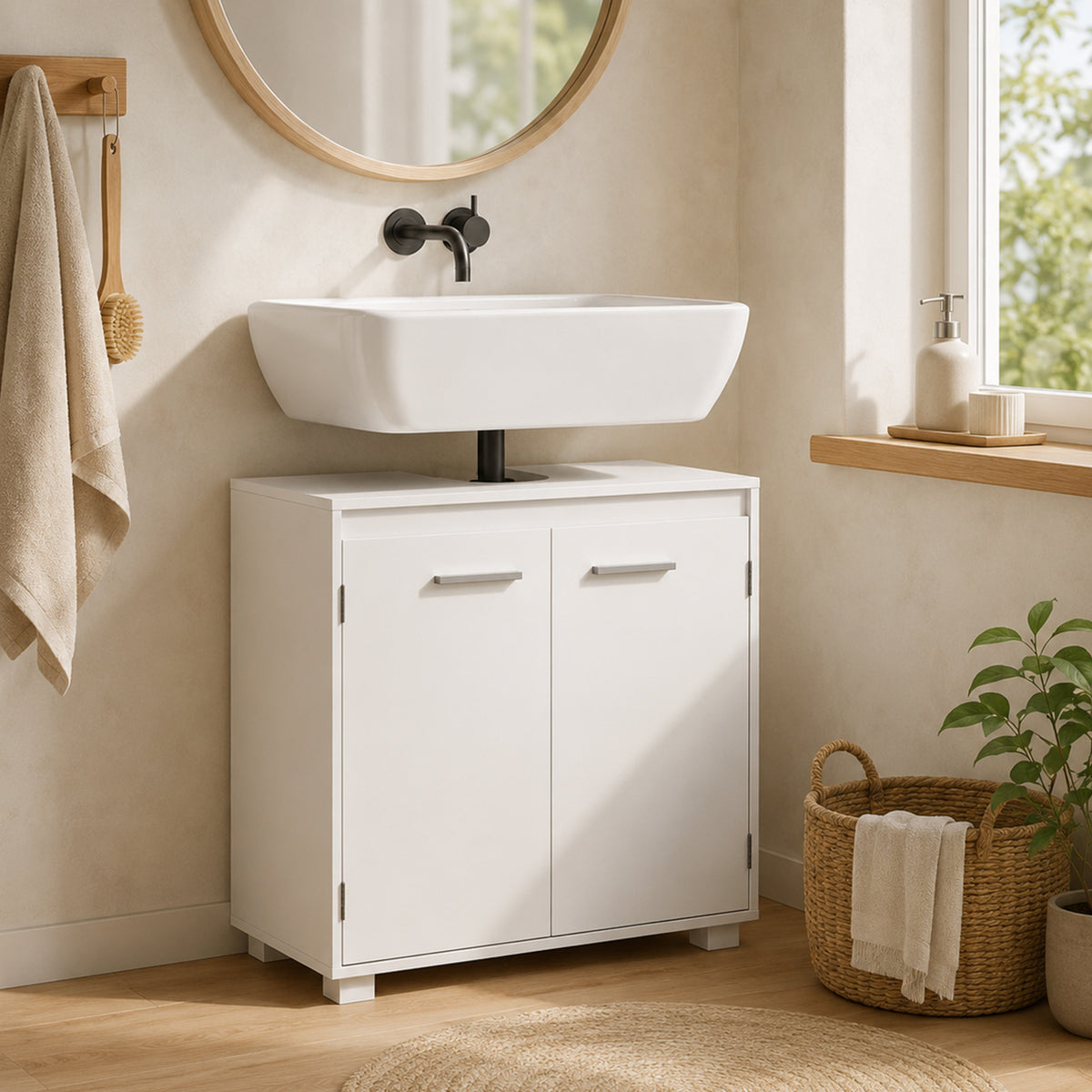 Waschbeckenunterschrank mit U-Ausschnitt und verstellbarem Regal