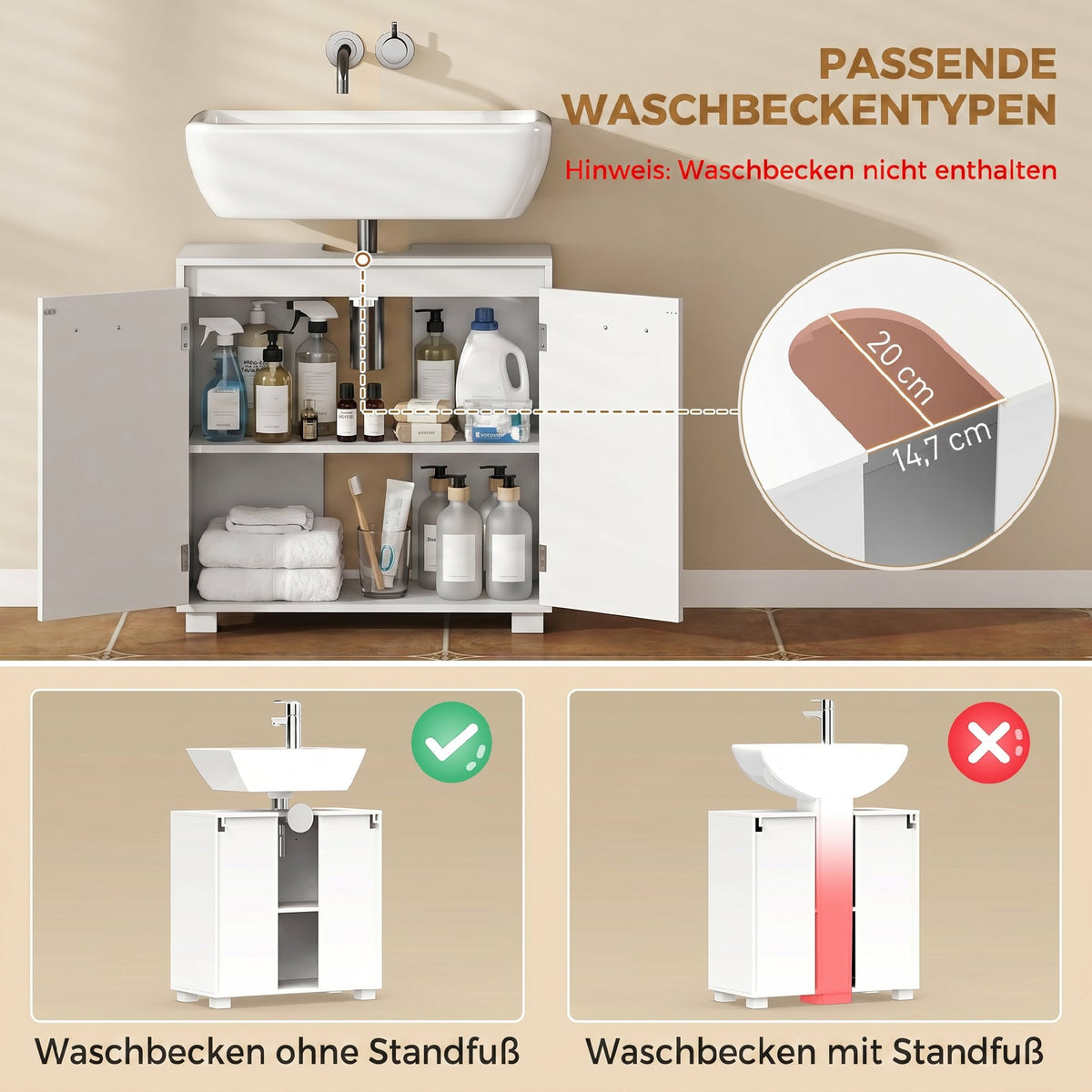 Waschbeckenunterschrank mit U-Ausschnitt und verstellbarem Regal
