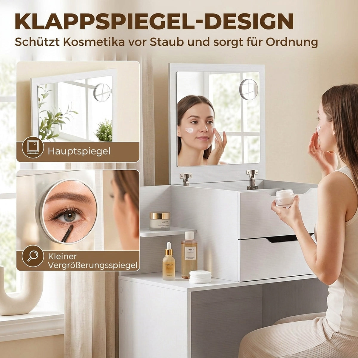 Schminktisch mit Klappspiegel und Hocker