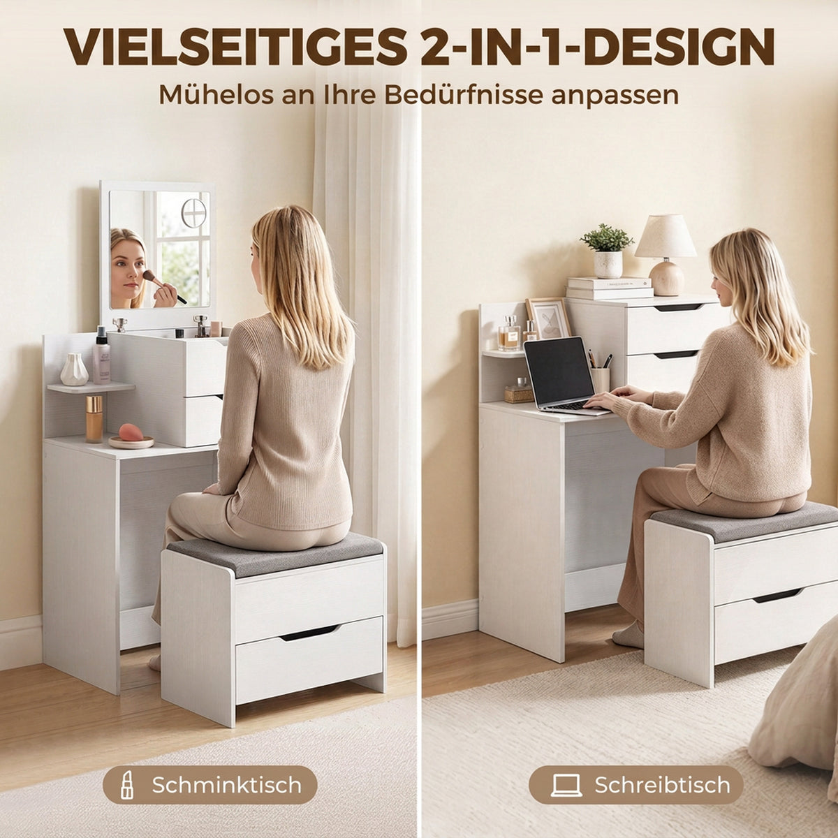Schminktisch mit Klappspiegel und Hocker