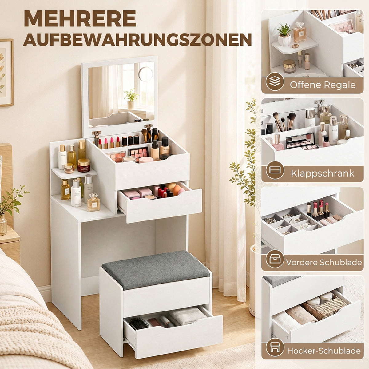 Schminktisch mit Klappspiegel und Hocker